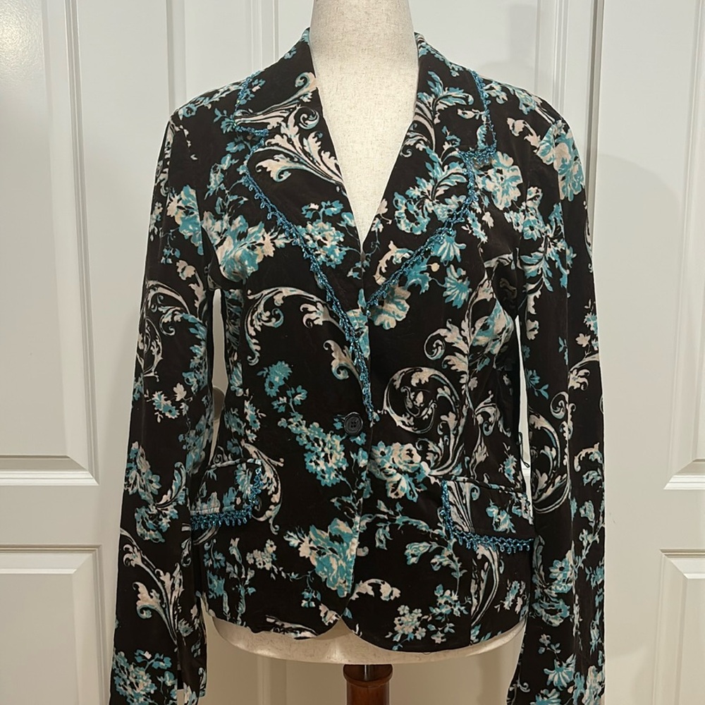 Brown and Turquiose Floral Karen Kane Velvet Like Blazer Jacket